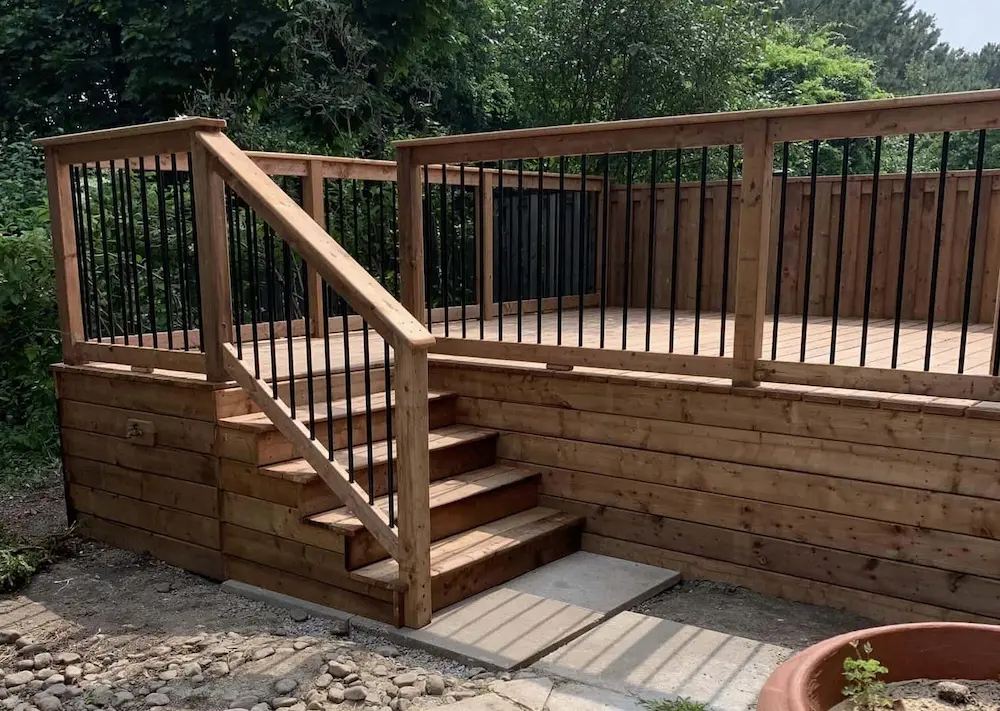 Wooden deck stairs leading to a platform, featuring black metal balusters and full horizontal wood skirting on the side